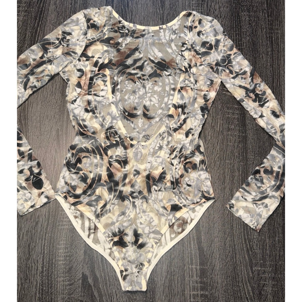 Monaco USA Sheer Mesh Damask Print Long Sleeve Bodysuit Grey Brown Womens Medium